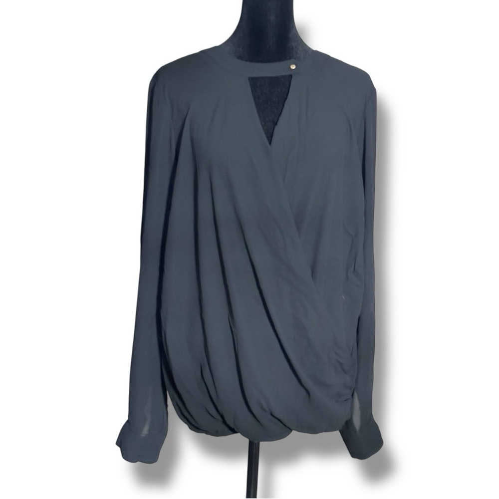 Ro & De Charcoal Lightweight Long Sleeve Wrap Front Casual Sheer Blouse